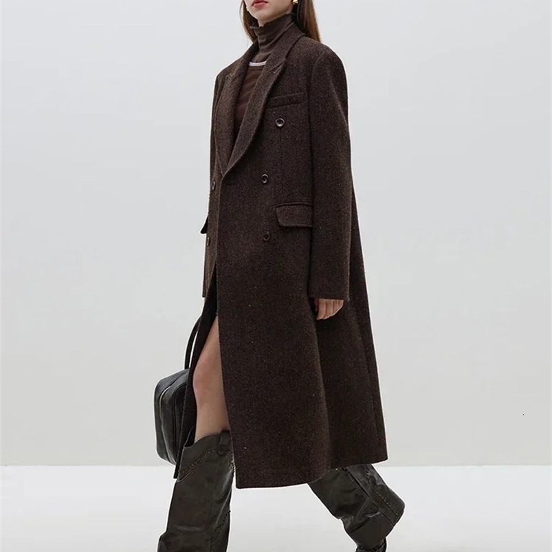 FSLE 98.7% Wool Notched Collar Front Shoulder Temperament Coffee Color Women Woolen Jackets Double Breasted Long Wool Coats 240822