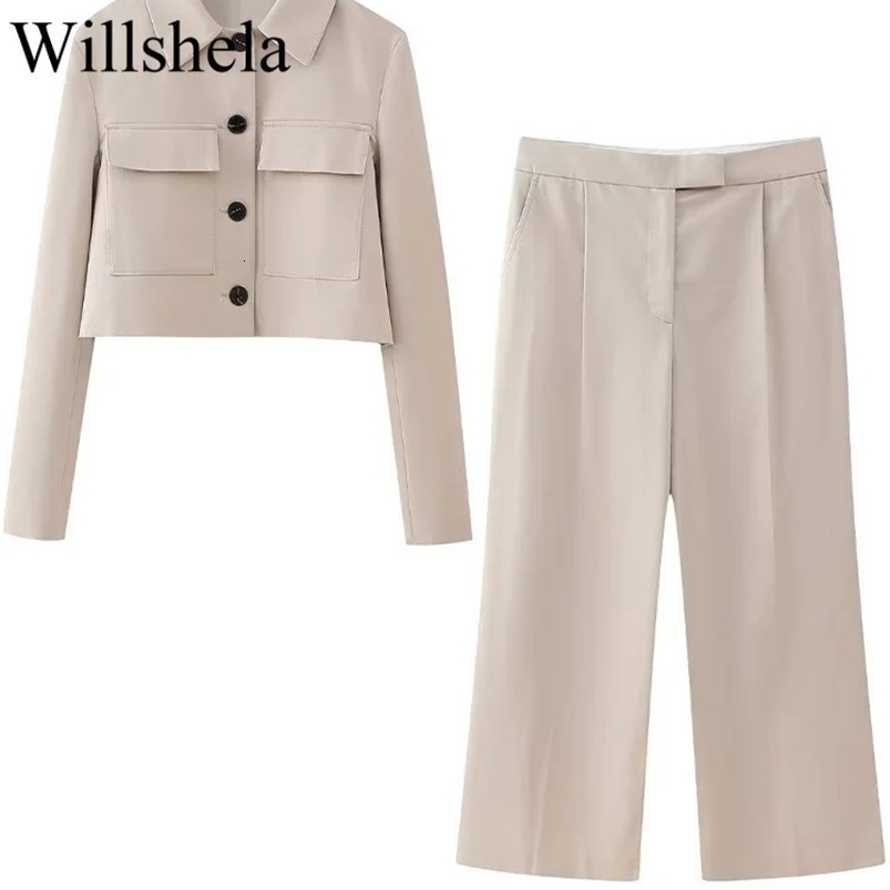 Willshela Women Fashion Two Piece Set Khaki Blazer With Pockets Vintage Front Zipper Trousers Feamle Chic Lady Pants Sets 240826