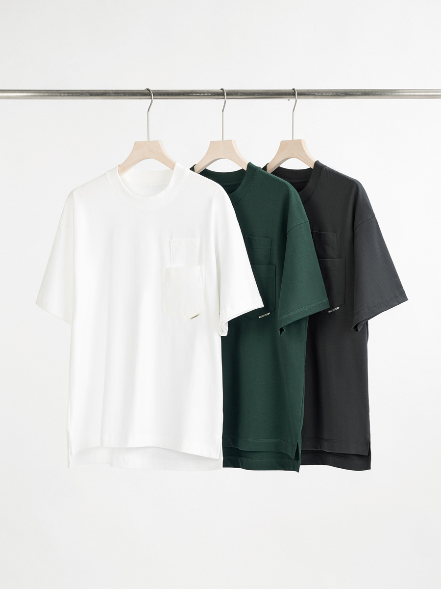 Spring-Summer Men's Street Tee - Pure Cotton Solid Color, Double Pocket Detail, Split Cuff Short Sleeve, New Arrival-58M