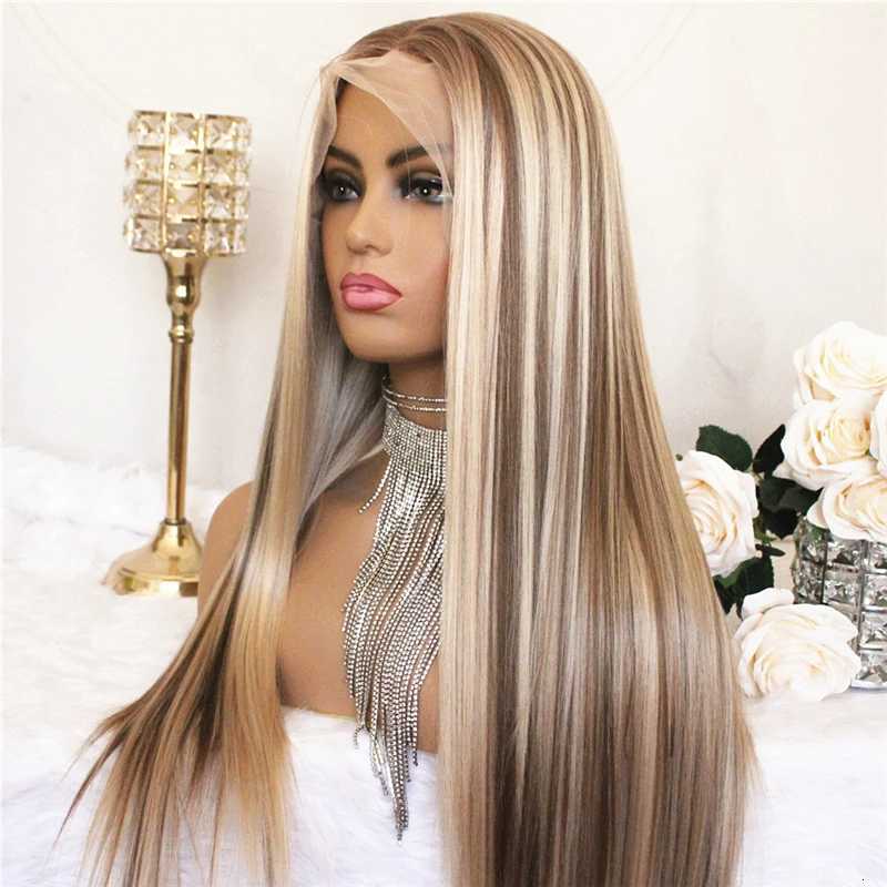 Highlight Brown 13x4 Lace Front Wig Long Straight Synthetic Lace Wigs For Women Middle Part Highlight Blonde Balayage Lace Wig C250922