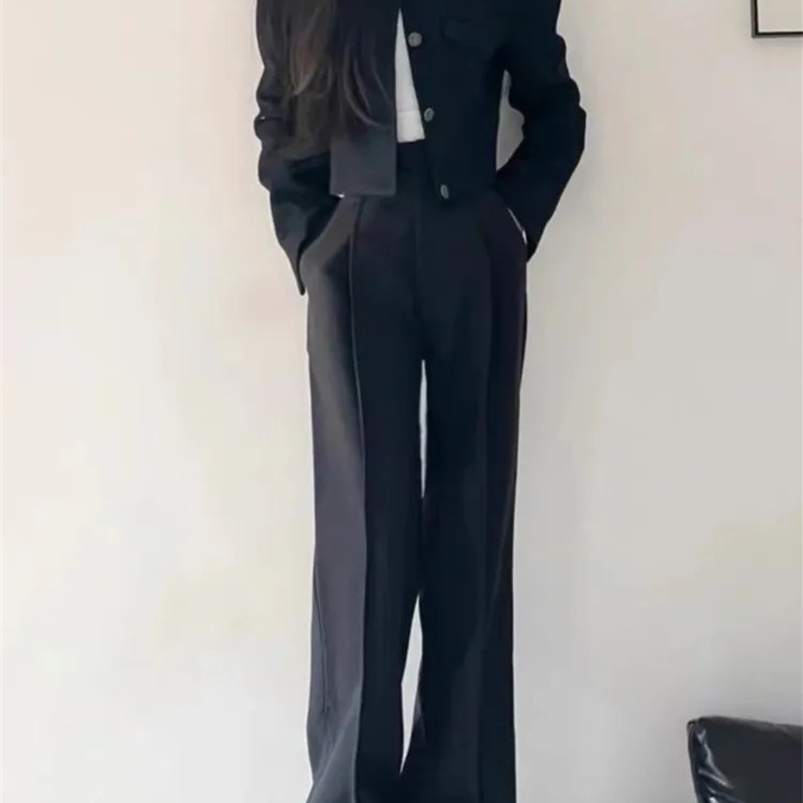 Women Fashion Elegant Casual Business Black Trousers Suit Vintage Crop Blazer Jackets and Pants Two Pieces Set Female Pantsuits 240826