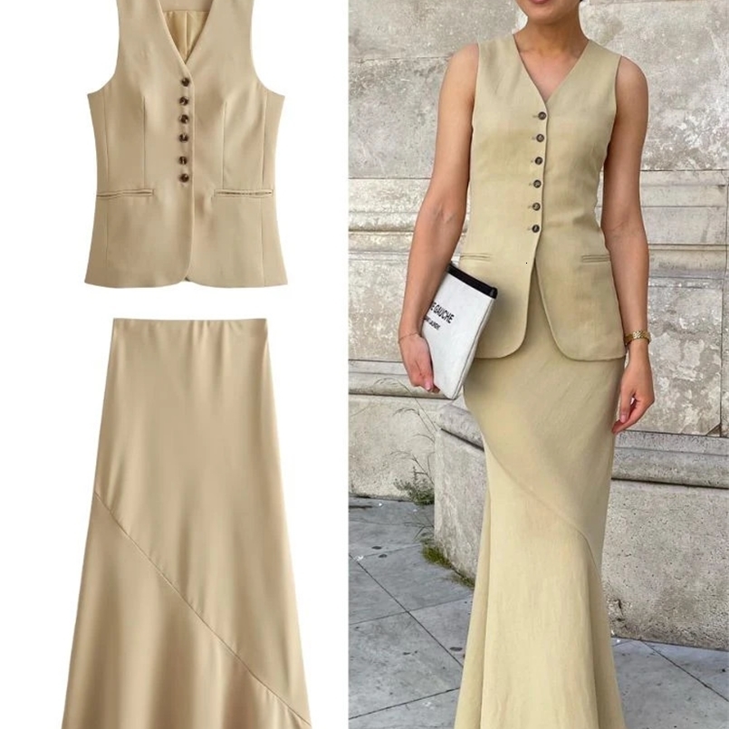 TRAFZA Women Vest Skirt Sets Female Khaki Long Blazer Vest V Neck Sleeveless Slim TopElegant High Waist A Line Skirt Suit TRAF 240826