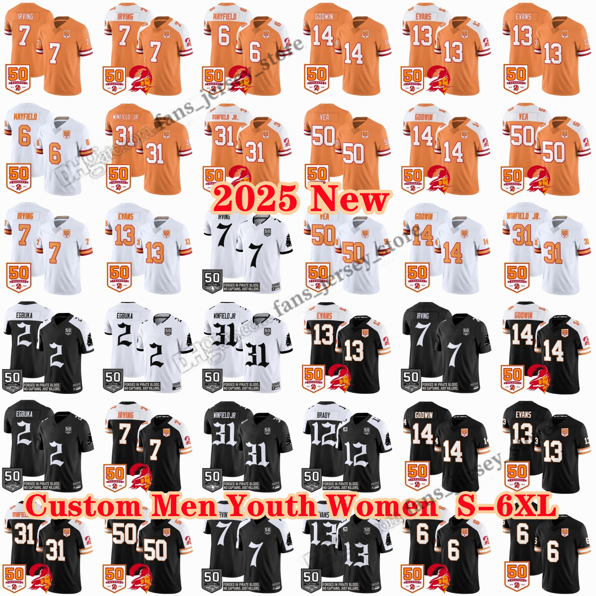 2025 Football Draft Jersey 7 Bucky Irving 2 Emeka Egbuka Black 50th Jerseys 13 Mike Evans 50 Vita Vea 31 Antoine Winfield Jr. 6 Baker Mayfield Godwin Brady Stitched