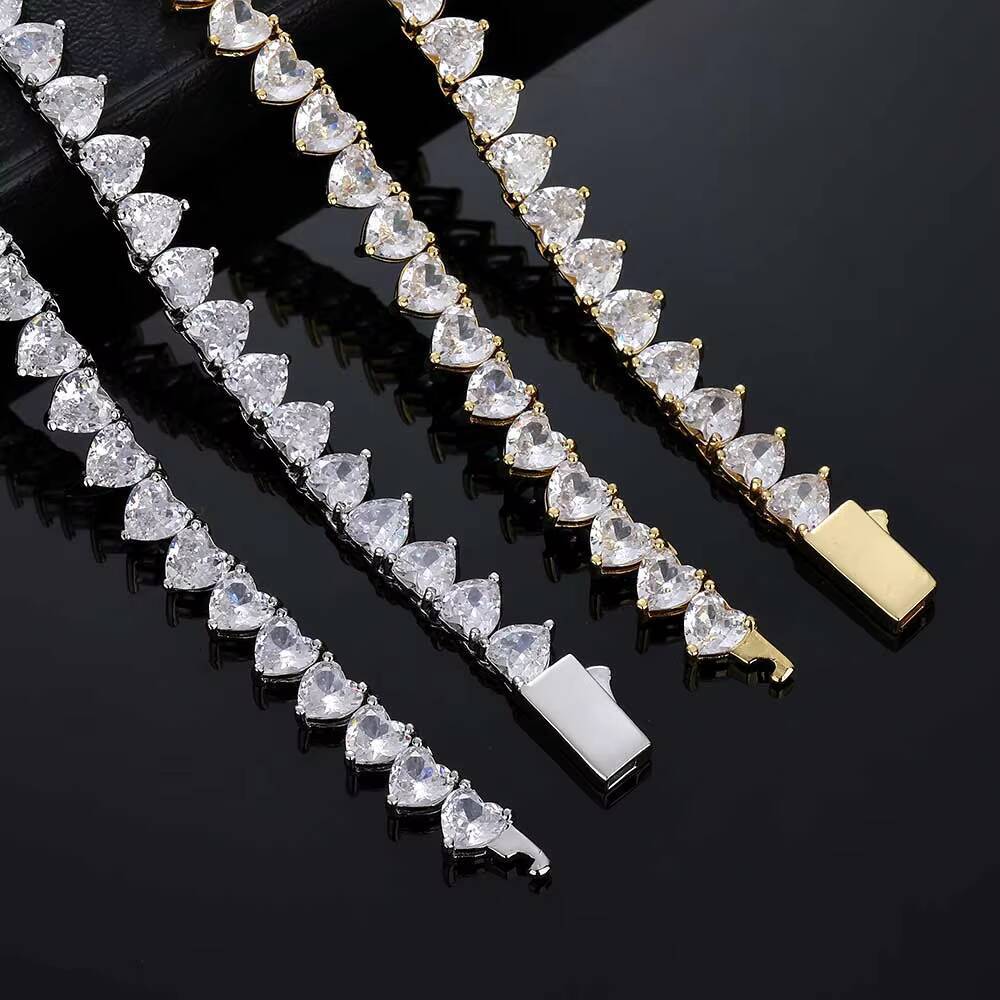 New Style Hiphop Jewelry 18K Gold Plated Iced Out Tennis Chain Heart Shape Moissanite Tennis Chain Necklace for Women