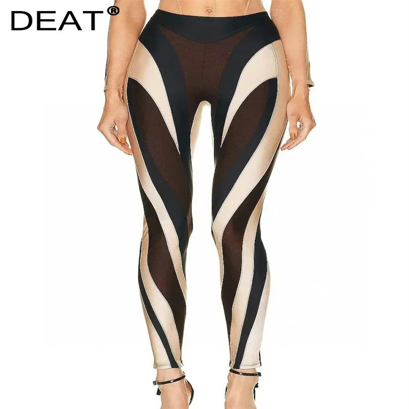 DEAT Autumn Fashion Contrast Color Patch Work n Womens High Elasticity Waist Long Legs Womens Casual 11X5075 241211