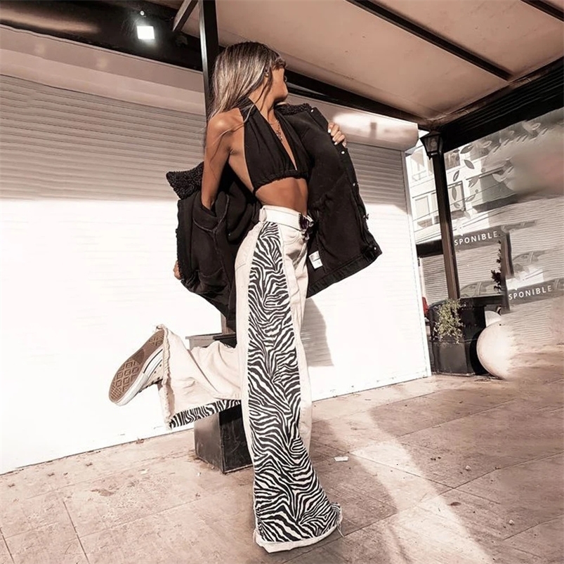 Zebra Pattern Patchwork Jeans Explosive Floor Length Pants Color Blocking for Womens Clothing Z260313