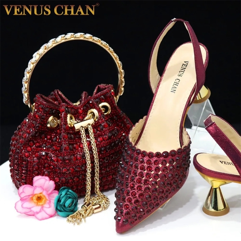 Chan Pointed Womens Heel Elegant Party Wine Color Full Diamond Pump Italian Shoes and Bag Matching Set 241015bj
