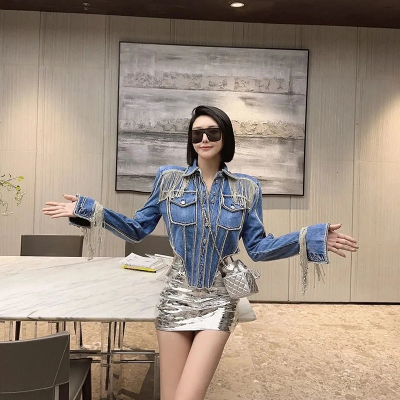 Autumn Clothes Diamond Chain Tassel Denim Jacket Women Irregular Slim-Fit Heavy Handmade Jean Jacket Casacos Feminino 250122