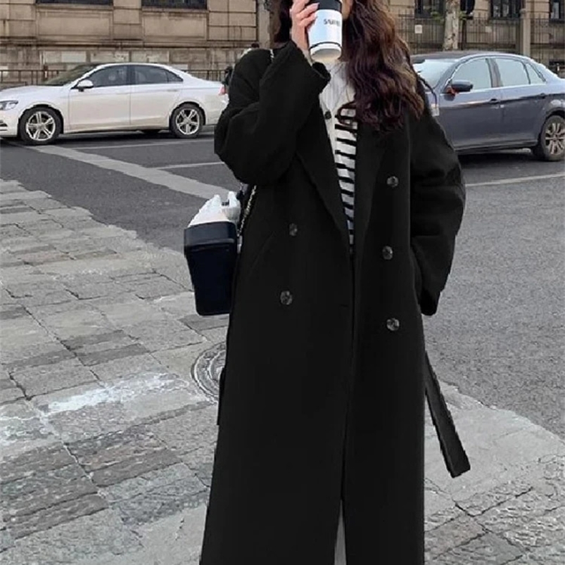 Lace UP Long Coat Women Spring Faux Woolen Full Sleeve Female Midi Jacket Fashion Single Breasted Loose Causal Lady Coats 240822