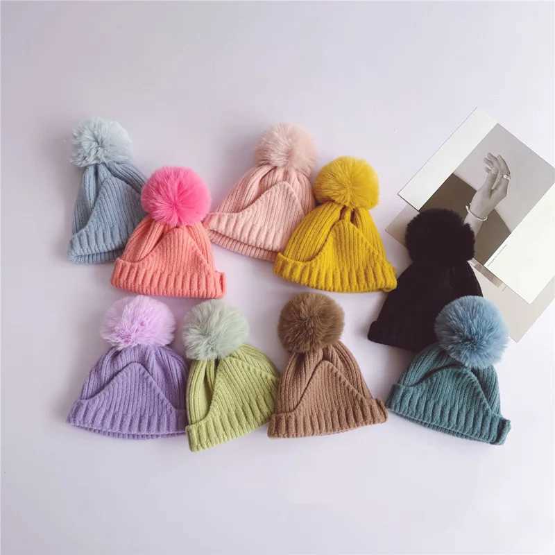 Fluffy Fur Ball Children Knitted Hat Winter Baby Ear Protection Pullover Cap 25year Kids Woolen Earmuffs Caps Pompom Beanies Z251029