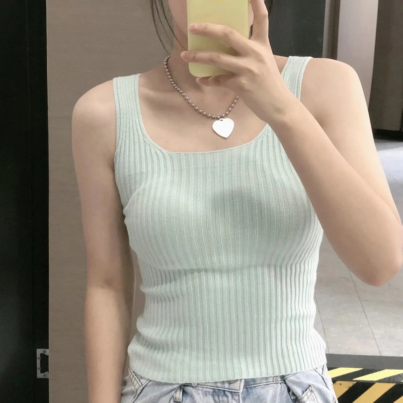 Knitting Square Collar Crop Top Woman Summer Camisole Slim Cotton Cropped Vests Casual Simple Streetwear Tank Tops Camis Chic 250417