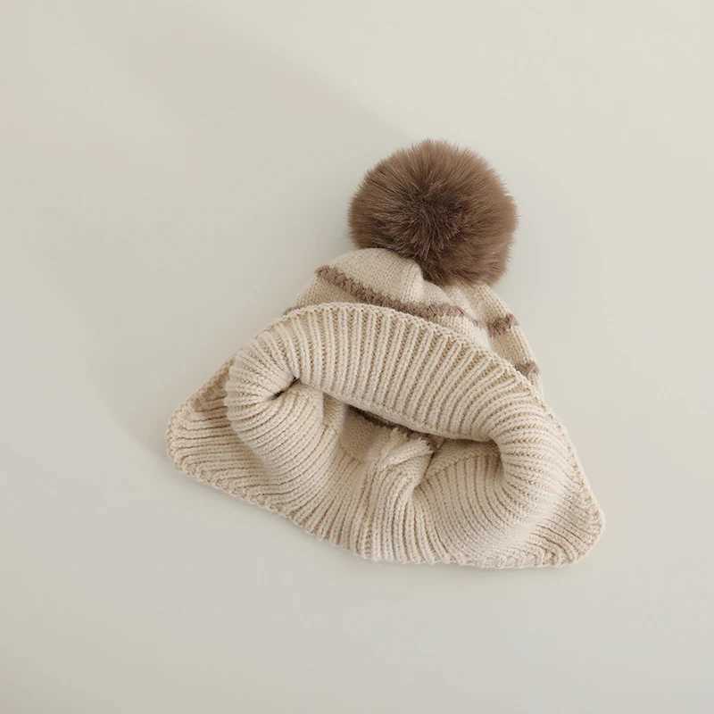 Fluffy Fur Ball Baby Knitted Ear Protection Hat Fashion Striped Kids Earmuffs Cap Winter Warm Children Woolen Beanies 13Year Z251029
