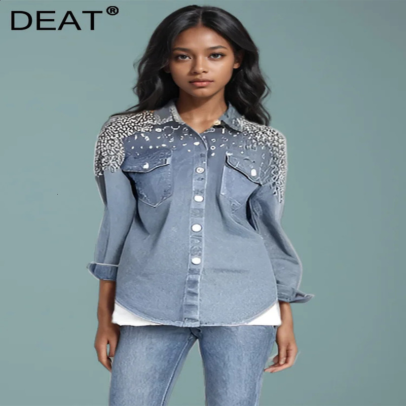 DEAT Fashion Diamonds Loose Denim Shirts Coat For Women Autumn Trendy Lapel Long Sleeve Pockets Jacket Females 29L7920 250122