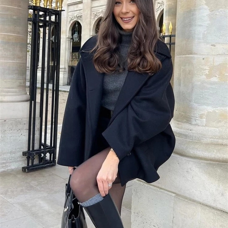 Fashion Lapel Woolen Jacket For Women Spring Single Breasted Long Sleeve Coats Female Elegant Oversized Chic Street Outwear 240822