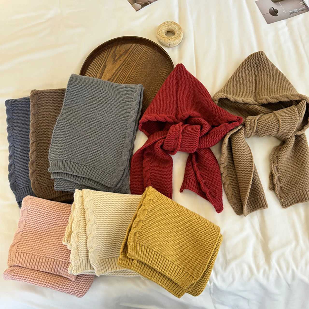 Korean Girls Balaclava Scarves Cap Solid Color Woolen Hat Children Scarf Fashion Kids Knit Shawl 210Year Winter Warm Headgear Z251029