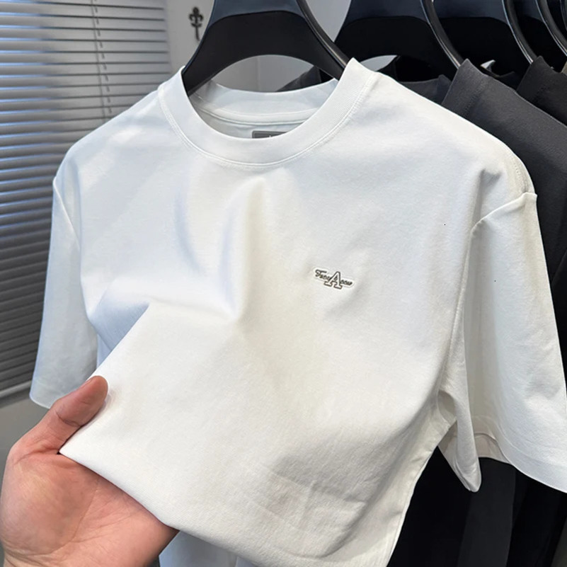 summer mens T-shirt trend letter embossed silk cotton short sleeve comfort elastic quick drying round neck T-shirt 250410