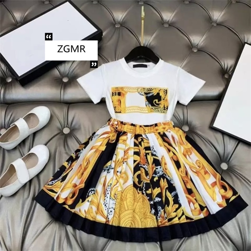 Clothing Sets Summer girls dress set gold printed cotton fabric 230427