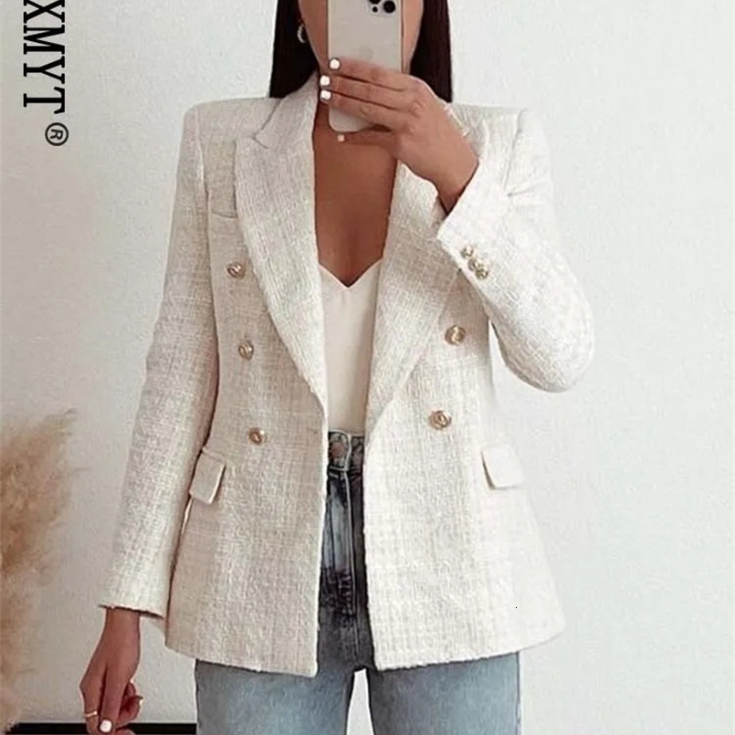 TRAF Women Blazer Jacket Fashion Double Breasted Tweed Blazers Coat Vintage Long Sleeve Female Outerwear Chic Tops 240826