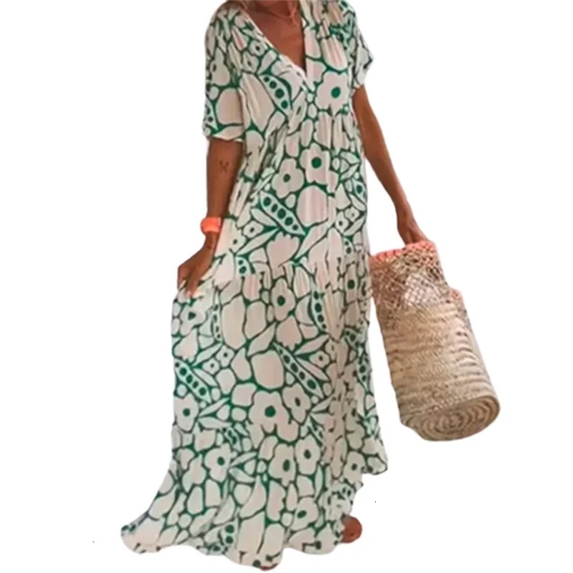 Womens Bohemian Style Dresses Summer Deep V Neck Short Sleeve Dressy Ladies Comfortable Casual Large Hem Gown Trend Streetwear 240529