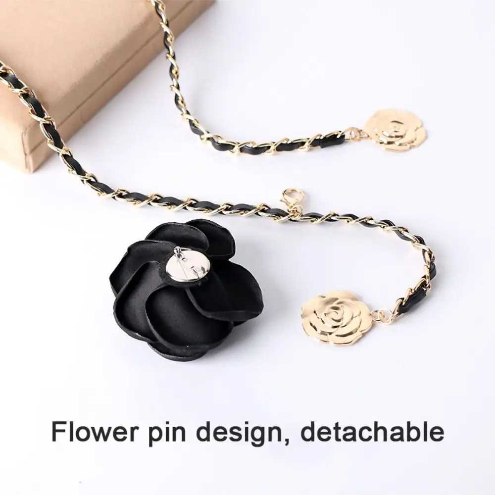 Fashion Ladies Allmatch Camellia Waist Chain Luxury Design Metal Chain Waistband Dress Belt Chain D2509231