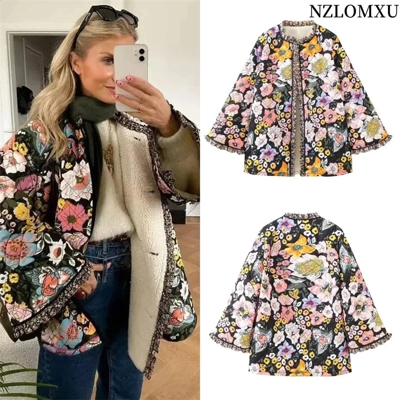 Flower Winter Coat for Women Quilted Jacket Parkas Woman Autumn Winter Printed Vintage Jacket Tweed Warm in Outerwear 240819