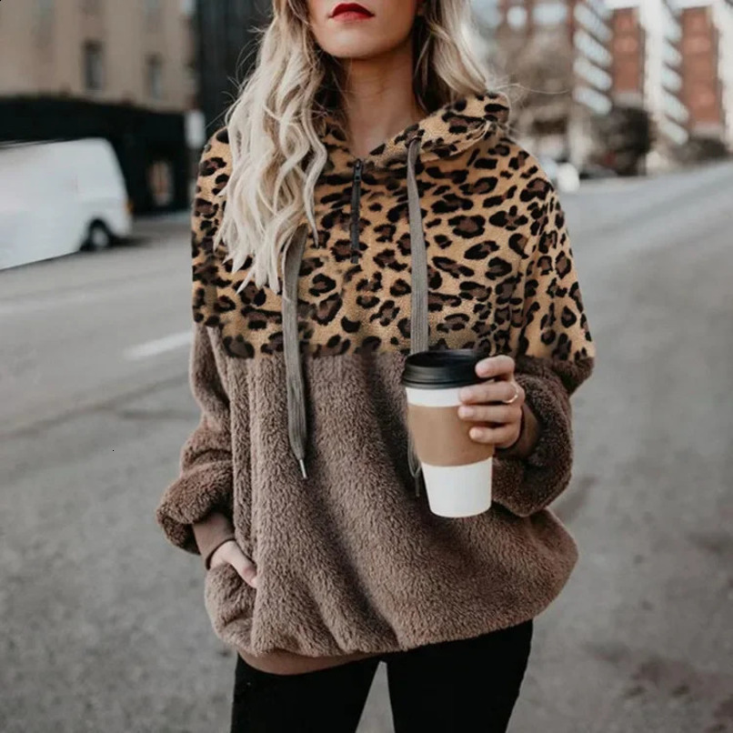 Autumn/Winter Sexy Leopard Pattern Hoodies for Women Zipper Pocket Womens Top Plush Sweatshirts 250113