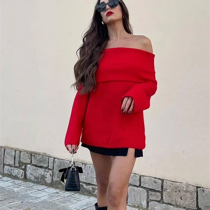TRAFZA Sweater For Women Elegant Off Shoulder Pullover Sweaters Slash Neck Long Sleeve Knit Top Female Fashion Streetwear 240824