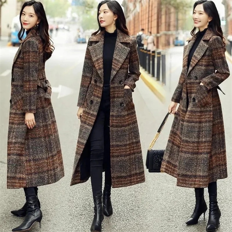 Plaid Woolen Coat Women Long Korean Style Waist Female Autumn Winter Thick Slim-fit Over-the-knee Woolen CoatM540 240822