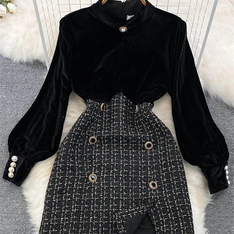 EWQ M-4XL Multi Size Womens Stand Pleuche Tweed Patchwork Contrast Color High Waist Dress Autumn Dresses 27SN3921 240529