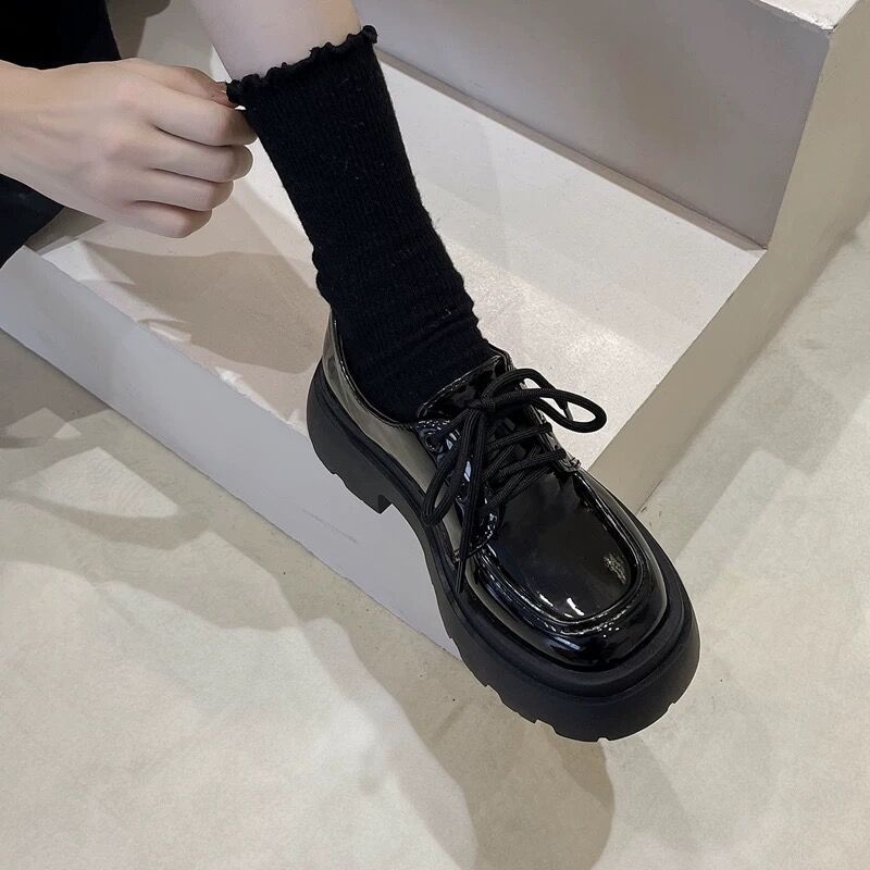 Platform Leather Shoes Women's Fashion New Spring Versatile Black Lace-up Loafers