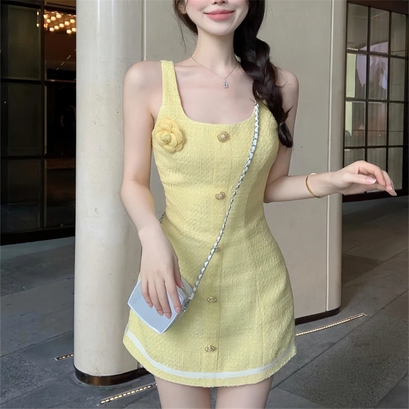 Yellow Korean Fashion Tweed Dress Women Sexy Tank Vest Mini Party Dresses Female Sweet Gold Button Elegant Slim Strap Dress 240529