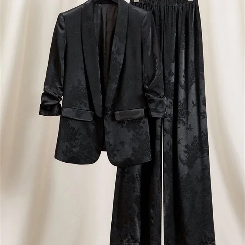 Women High Quality Stain Jacquard Suits Jacket Coat Blazer And Pant 2 Piece Set Matching Outfits Female Formal Occasion Clothes 240826