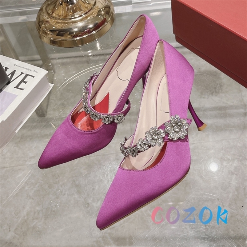 Dress Shoes Elegant Rose-red Silk Pointed Toe Crystal Chain High Heel Mary Jane Women's Front Trip Belt Dress Shoes Lady Stilettos Pumps 230817