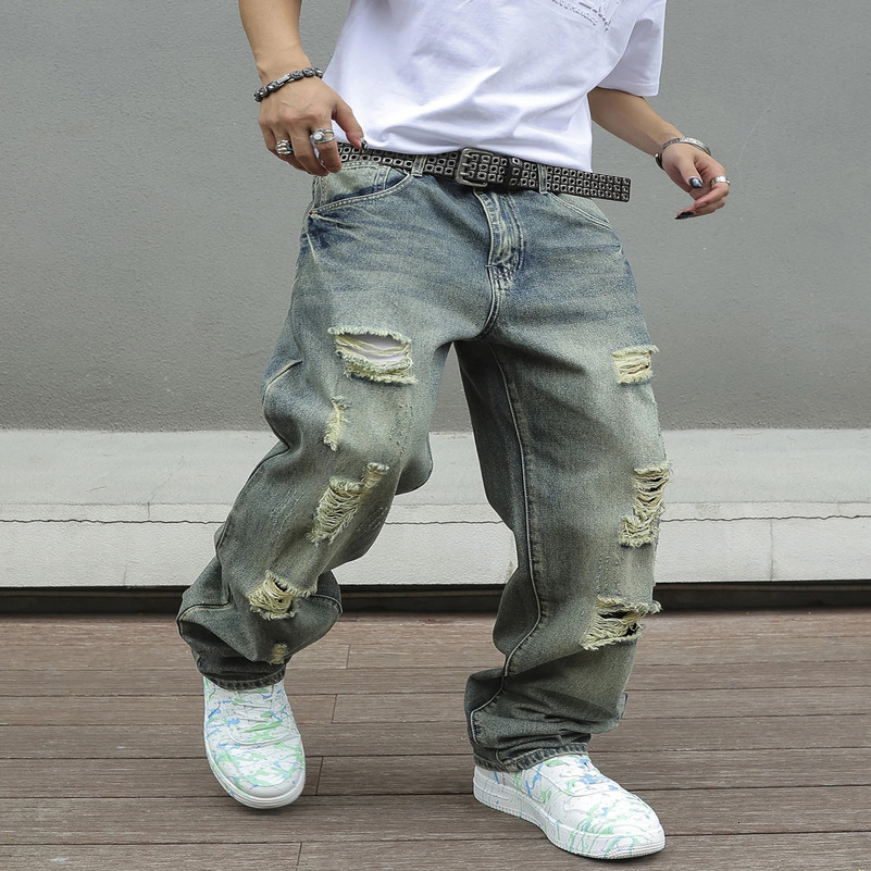 Y2K Distressed Skinny Jeans for Men Ripped Vintage High-Waisted Hip-Hop Streetwear Style 250605