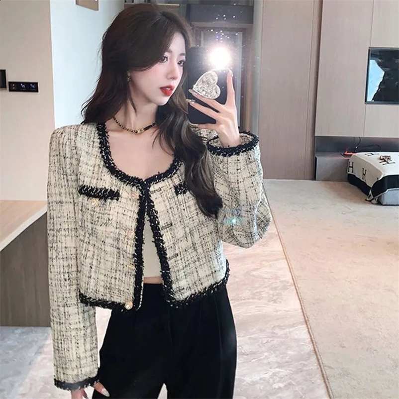 Xpqbb Fashion Tweed Plaid Jackets for Women Vintage Patchwork Woolen Cropped Coats Ladies Elegant Korean Chic Short Outerwear 240823
