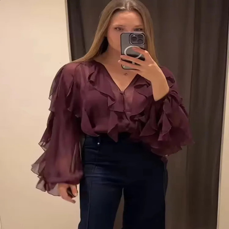 Translucent Layer Ruffle V-neck Loose Blouse Womens Burgundy Long Sleeved Gauze Shirts 2025 Spring Casual Commute Tops 250313