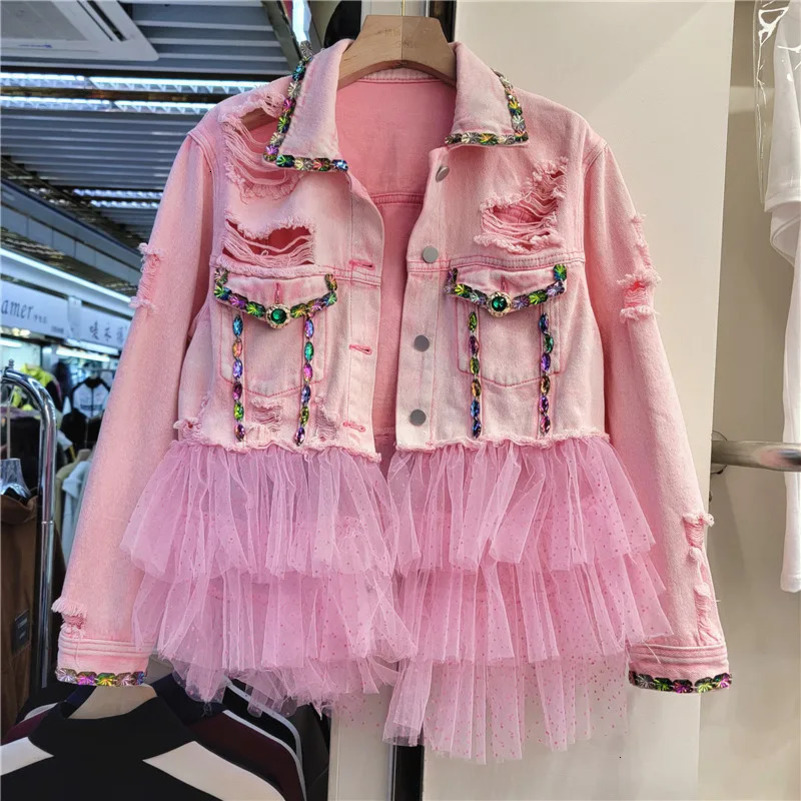 Heavy Work Mesh Splicing Diamonds Big Pocket Denim Jacket Women Slim Holes Cow Outerwear Korean Pink Jeans Jacket Coat Female 250122