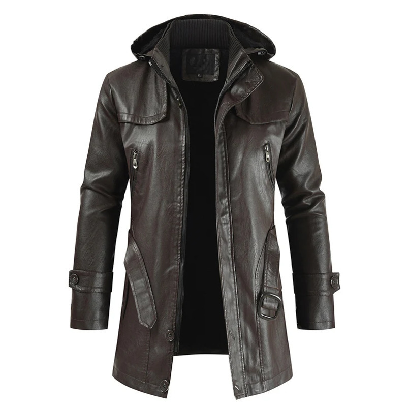 Coat Windproof Clothes Mens Hooded Long Leather coat Motorcycle fashion Winter Korean Fashion Jacket 250923