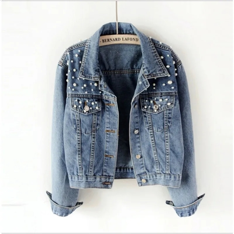 Womens Short Denim Jacket Beaded Pearl Jacket Loose Spring and Autumn Denim Jacket 240824
