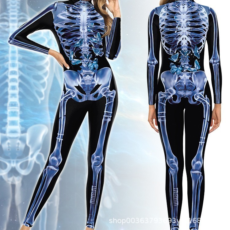 2022 Halloween New Skeleton Boilersuit 3D Digital Printing Slim Bodysuit 240823