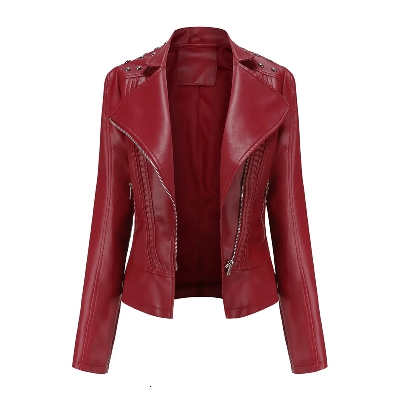 Womens Punk Rivet Leather Jacket Spring and Autumn Retro Turnaround Collar Ultra Thin Casual Womens Artificial Soft Leather Motorcycle Coat 240828bj