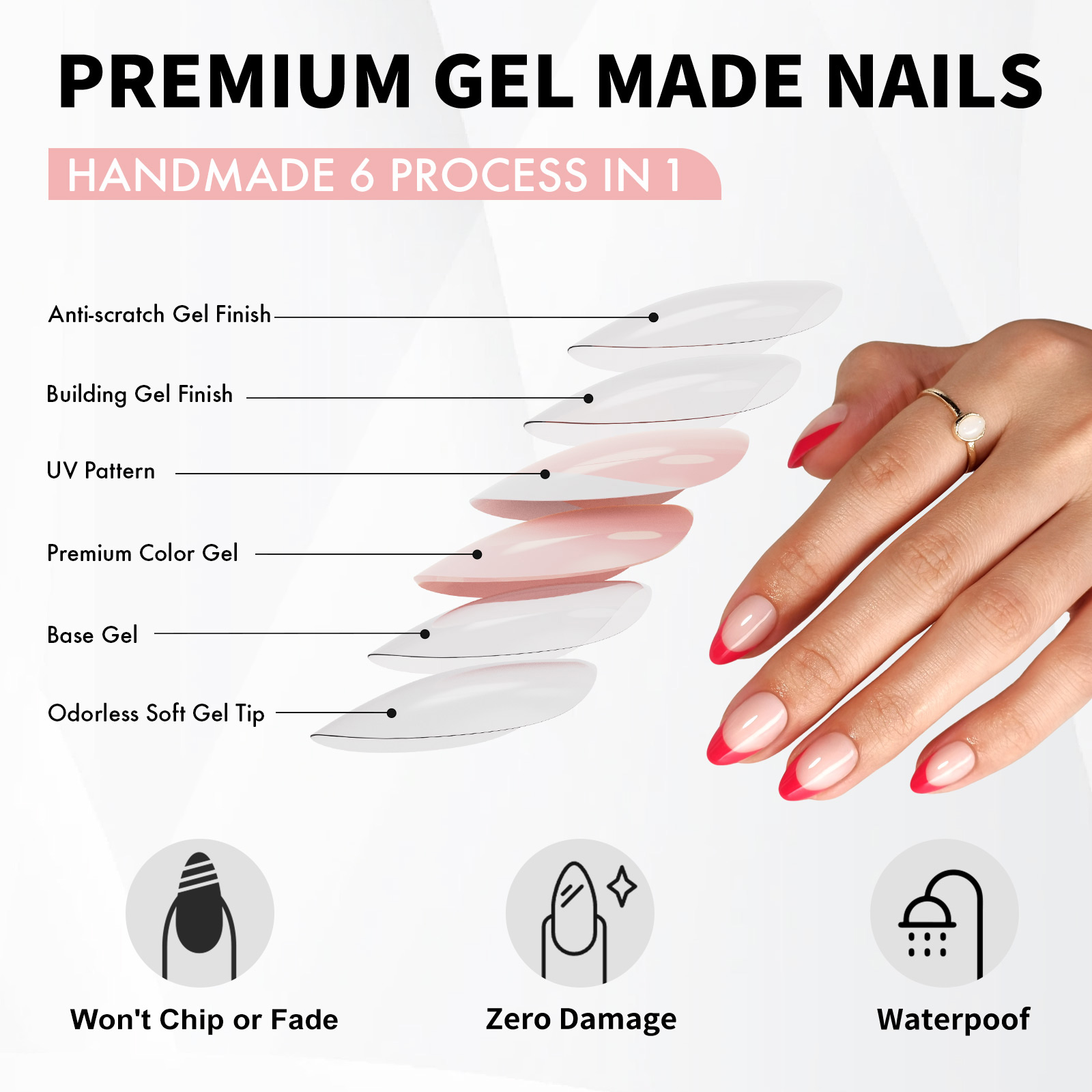 red french pointed short soft glue nail press almondshaped is suitable for ladies gifts 16 sizes fit perfectly and naturally the glue is reusable