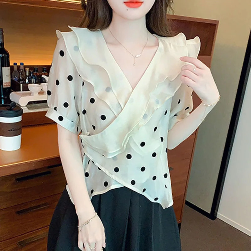 2025 Summer V-Neck Chiffon Women Blouse Short Sleeve Ruffles Dot Blouse Shirt Women Tops Blusa Blusas Camisas De Mujer G681 250417