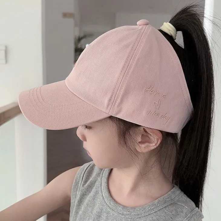 Embroidery Heart Kids Empty Top Hats Korean Girl Summer Sunshade Ponytail Baseball Caps Solid Color Outdoor Children Sun Hats Z251029
