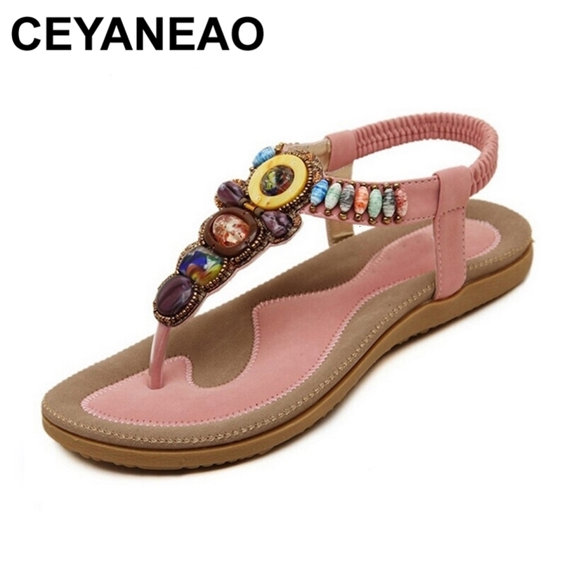 CEYANEAO Bohemian Women Sandals Gemstone Beaded Slippers Summer Beach Sandals Women Flip Flops Ladies Flat Sandals Shoes 220506