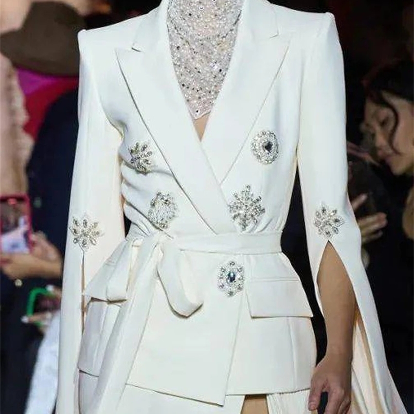 HIGH STREET est Fashion er Jacket Womens Slit Sleeve Rhinestone Diamonds Beading Belted Blazer 240826
