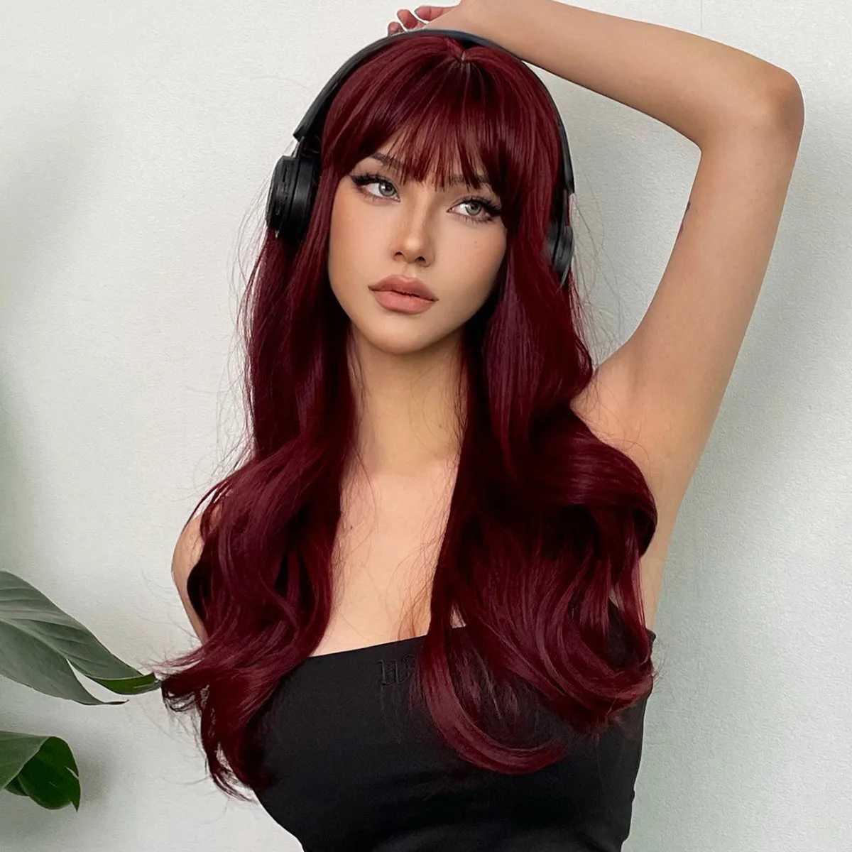 New wine red synthetic wig with bangs big waves long curly hair daily holiday wig high temperature silk full head cover C250922