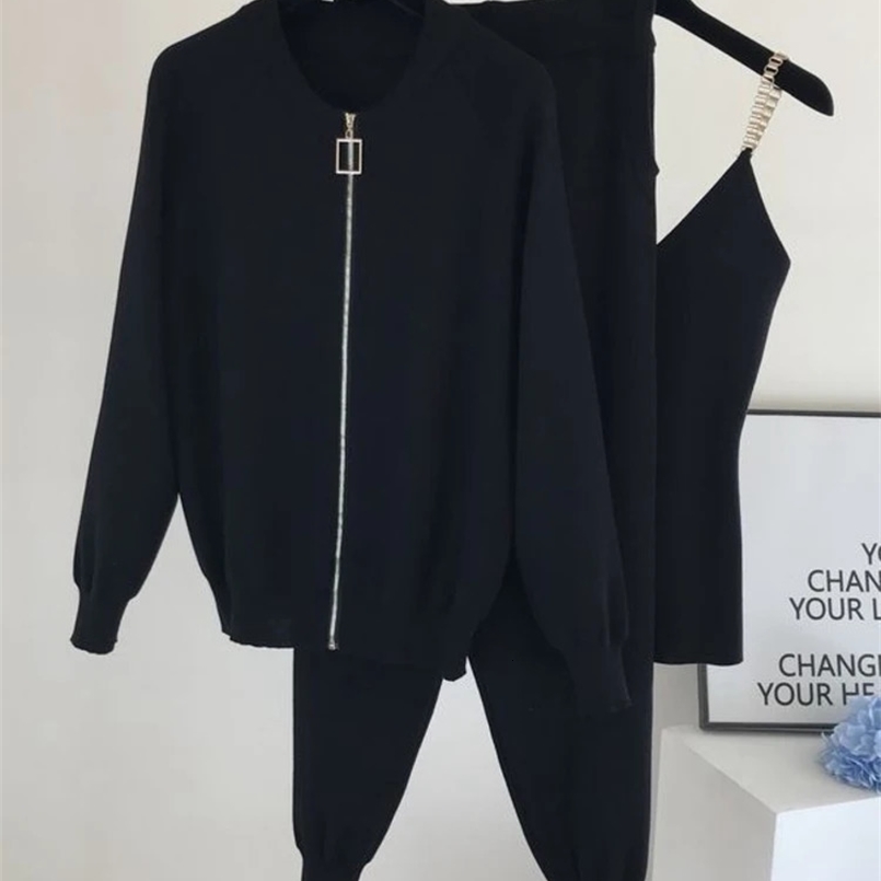XFPV Autumn Knitted Sweater Suit Casual Temperament Chain Vest Knitted Jacket Elastic Pants Three-piece Sets SM867 240820