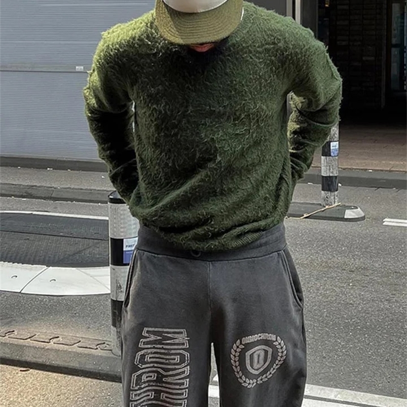 Solid Mohair Sweater Casual O Neck Long Sleeve Mens Knitted Pullover Autumn Chic Plush Cashmere Loose Male Solid Knit Jumpers 240821