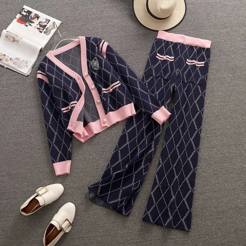 Knitted two-piece womens autumn clothing set casual long sleeved sweater cardiganwide leg pants set 241010